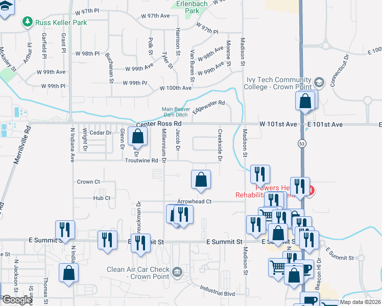 map of restaurants, bars, coffee shops, grocery stores, and more near 1305 Westbrook Drive in Crown Point