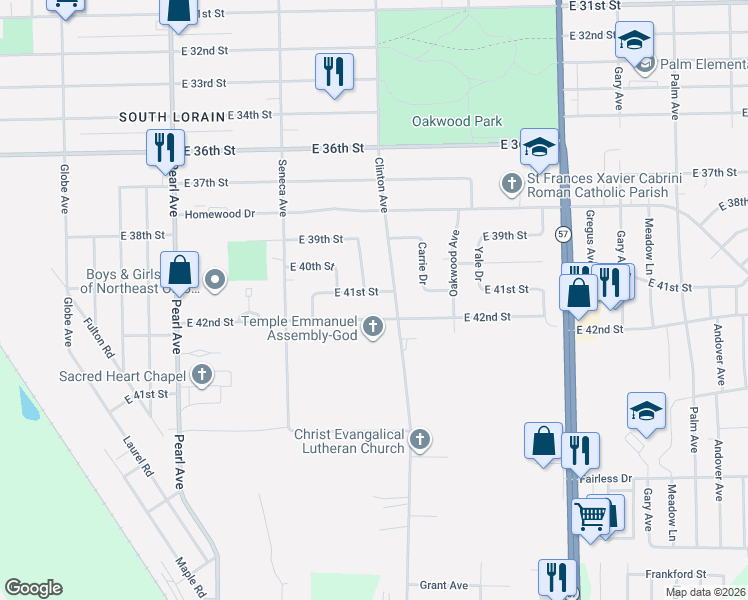 map of restaurants, bars, coffee shops, grocery stores, and more near 1984 East 41st Street in Lorain