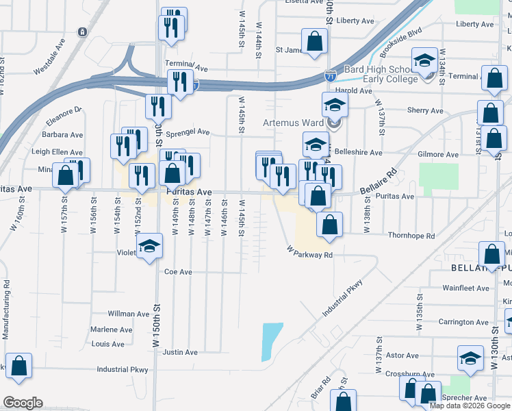 map of restaurants, bars, coffee shops, grocery stores, and more near 4460 West 144th Street in Cleveland