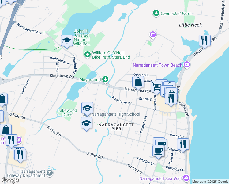 map of restaurants, bars, coffee shops, grocery stores, and more near 137A Kingstown Road in Narragansett