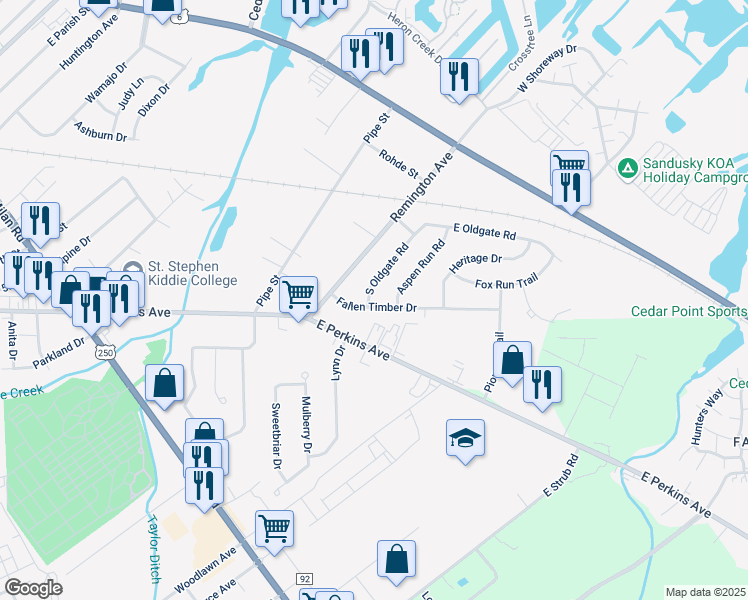 map of restaurants, bars, coffee shops, grocery stores, and more near 2234 South Oldgate Road in Sandusky