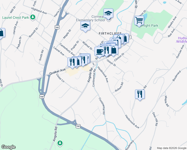 map of restaurants, bars, coffee shops, grocery stores, and more near 15 Angola Road in Cornwall