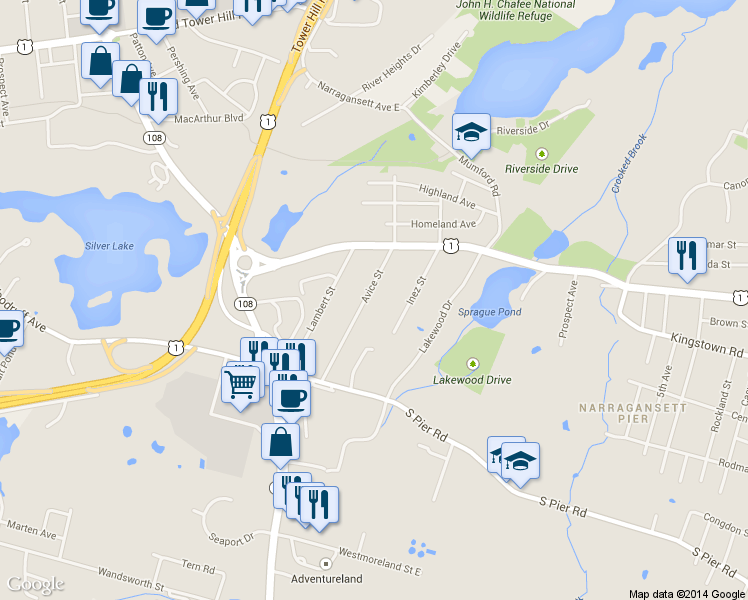 map of restaurants, bars, coffee shops, grocery stores, and more near 57 Avice St in Narragansett