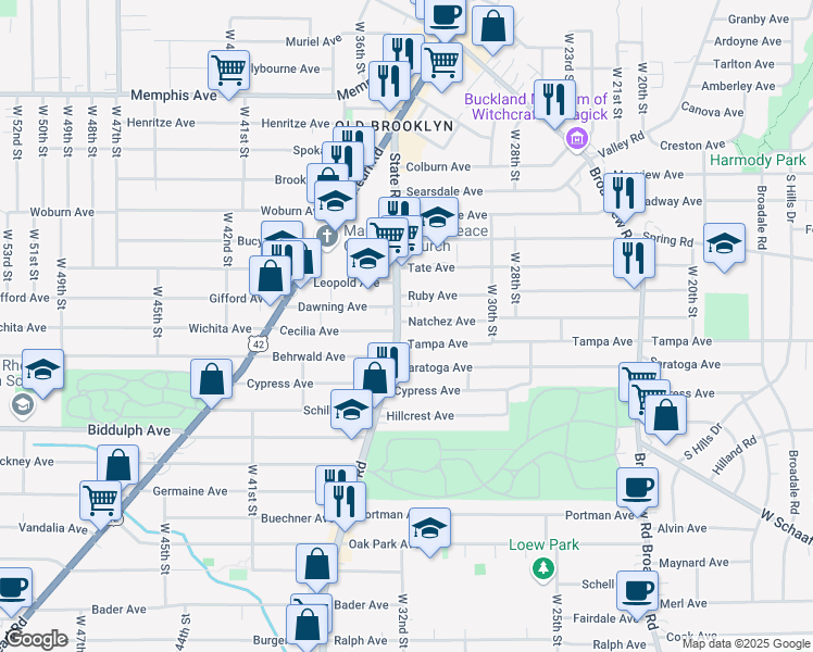 map of restaurants, bars, coffee shops, grocery stores, and more near 3405 Natchez Avenue in Cleveland
