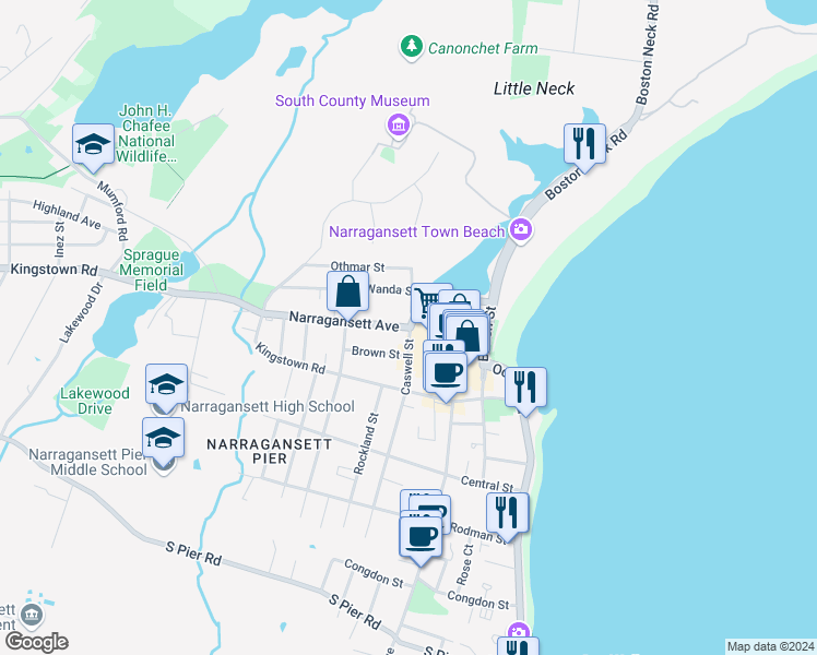 map of restaurants, bars, coffee shops, grocery stores, and more near 25 Narragansett Avenue in Narragansett