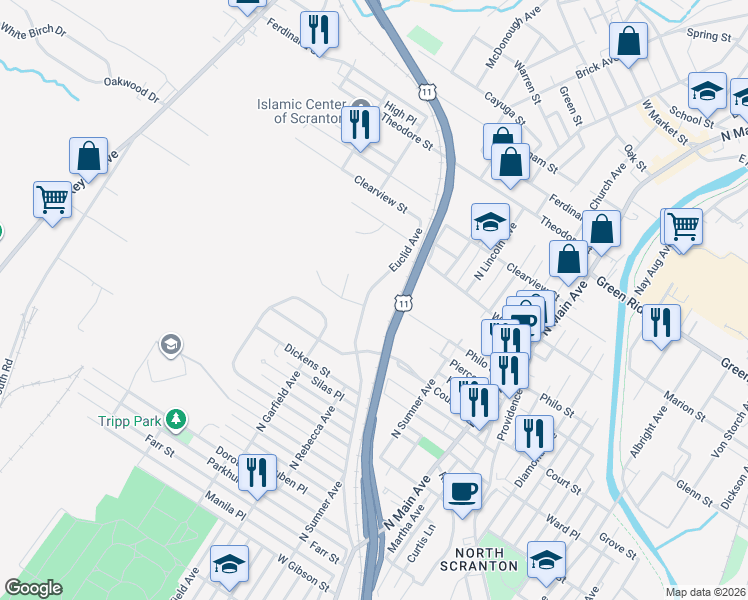 map of restaurants, bars, coffee shops, grocery stores, and more near 1502 Euclid Avenue in Scranton