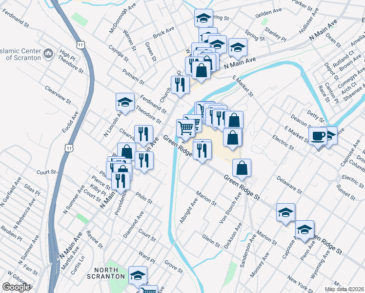 map of restaurants, bars, coffee shops, grocery stores, and more near 927 Green Ridge Street in Scranton