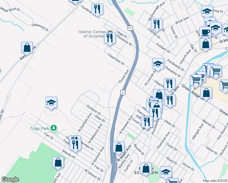 map of restaurants, bars, coffee shops, grocery stores, and more near 1502 Euclid Ave in Scranton