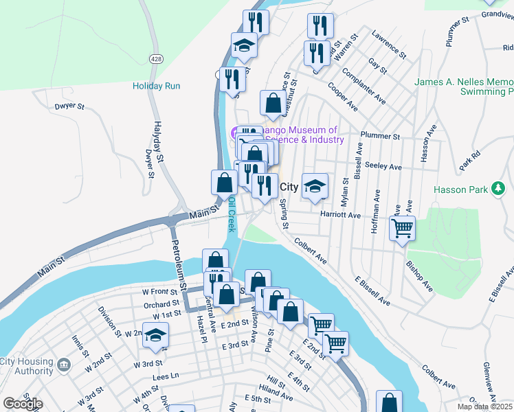 map of restaurants, bars, coffee shops, grocery stores, and more near 21 Seneca Street in Oil City