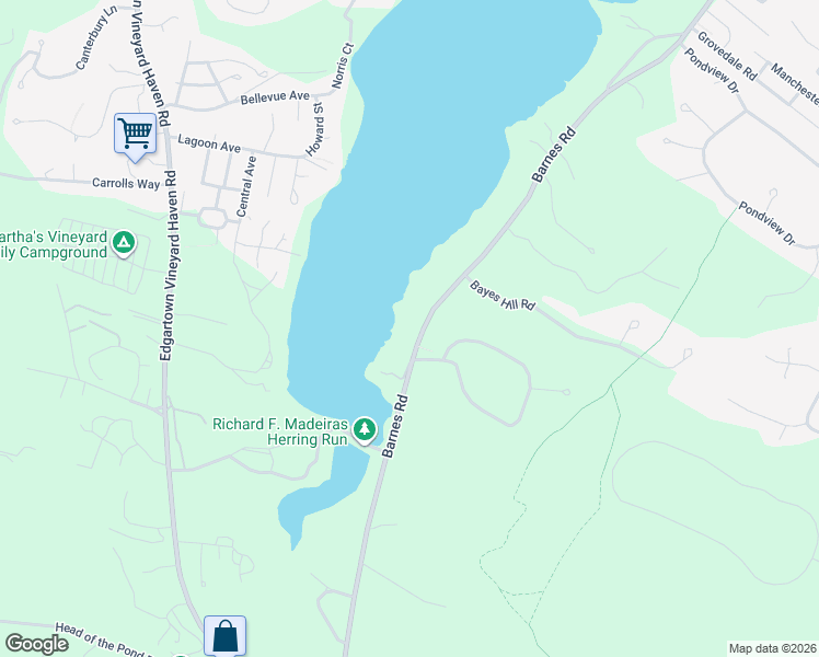 map of restaurants, bars, coffee shops, grocery stores, and more near 385 Barnes Road in Oak Bluffs