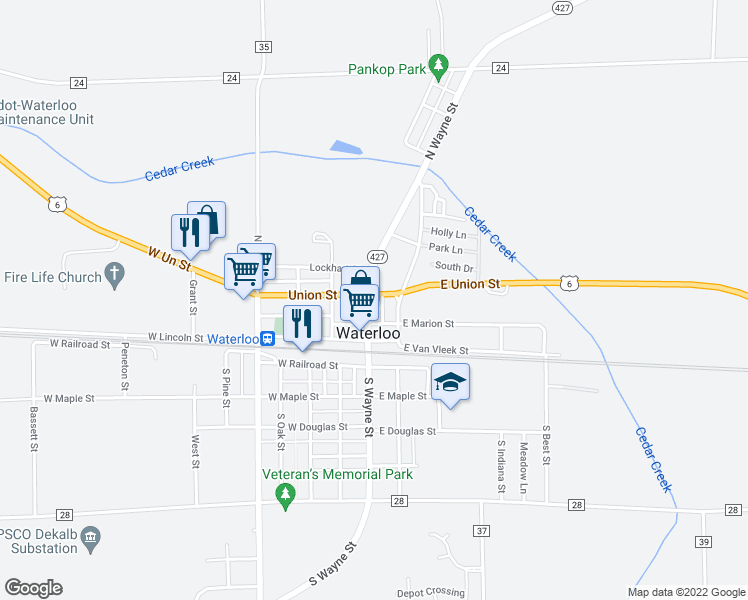 map of restaurants, bars, coffee shops, grocery stores, and more near 105 East Union Street in Waterloo