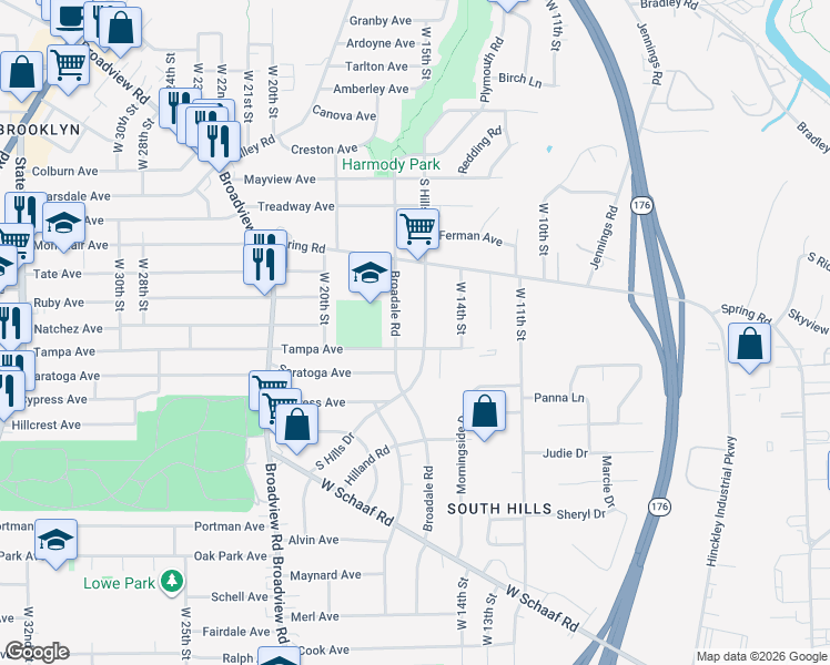 map of restaurants, bars, coffee shops, grocery stores, and more near 4514 South Hills Drive in Cleveland