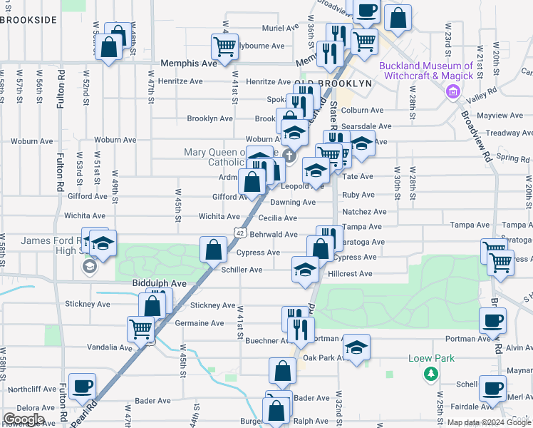 map of restaurants, bars, coffee shops, grocery stores, and more near 3908 Cecilia Avenue in Cleveland