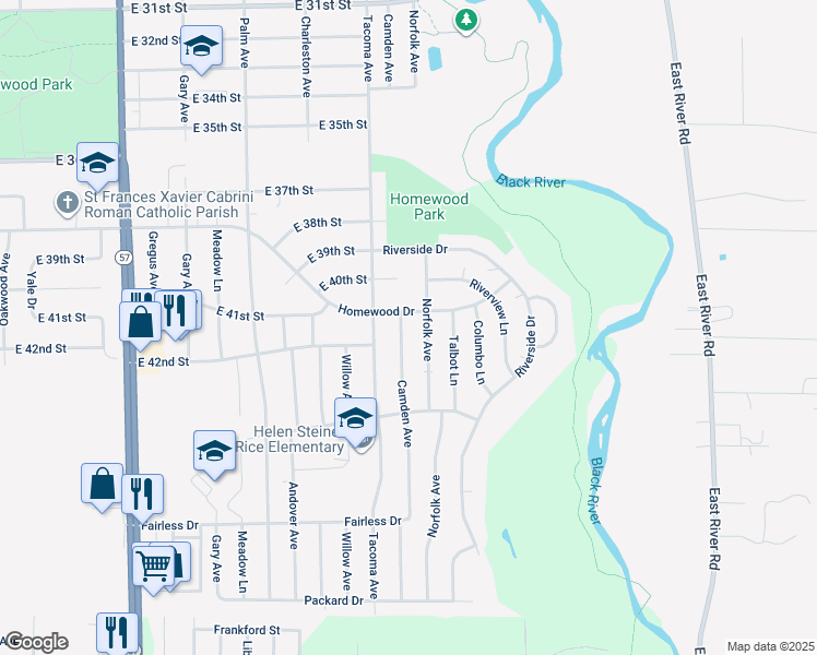 map of restaurants, bars, coffee shops, grocery stores, and more near 4109 Camden Ave in Lorain