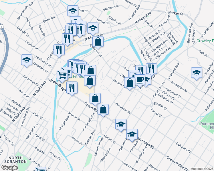map of restaurants, bars, coffee shops, grocery stores, and more near 1741 Von Storch Ave in Scranton