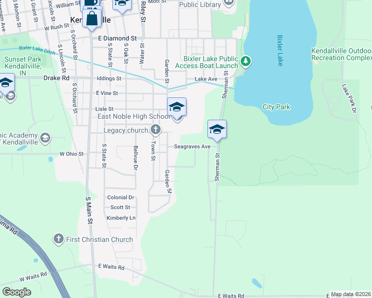 map of restaurants, bars, coffee shops, grocery stores, and more near 604 Seagraves Avenue in Kendallville