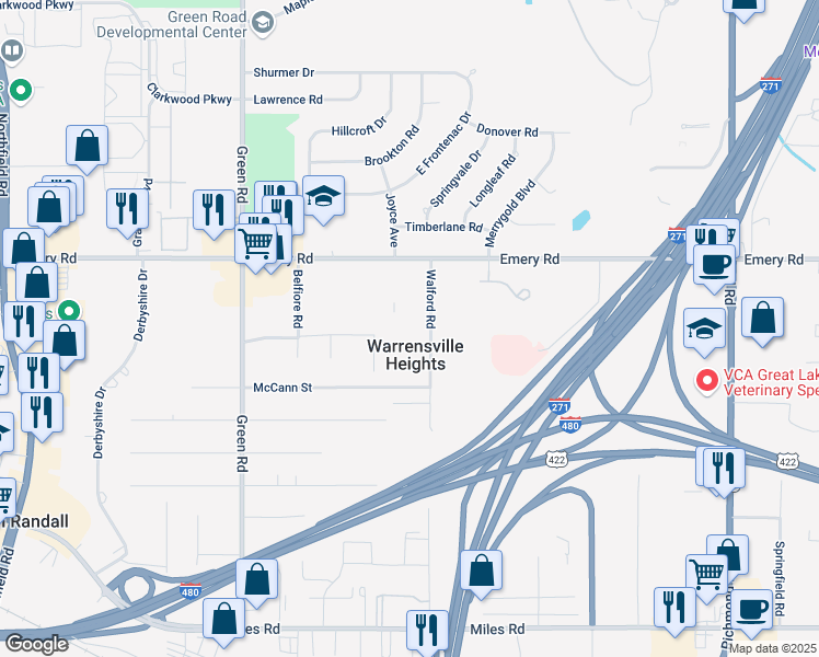 map of restaurants, bars, coffee shops, grocery stores, and more near 4674 Walford Road in Warrensville Heights