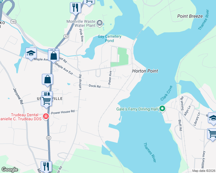 map of restaurants, bars, coffee shops, grocery stores, and more near 32 Dock Road in Montville
