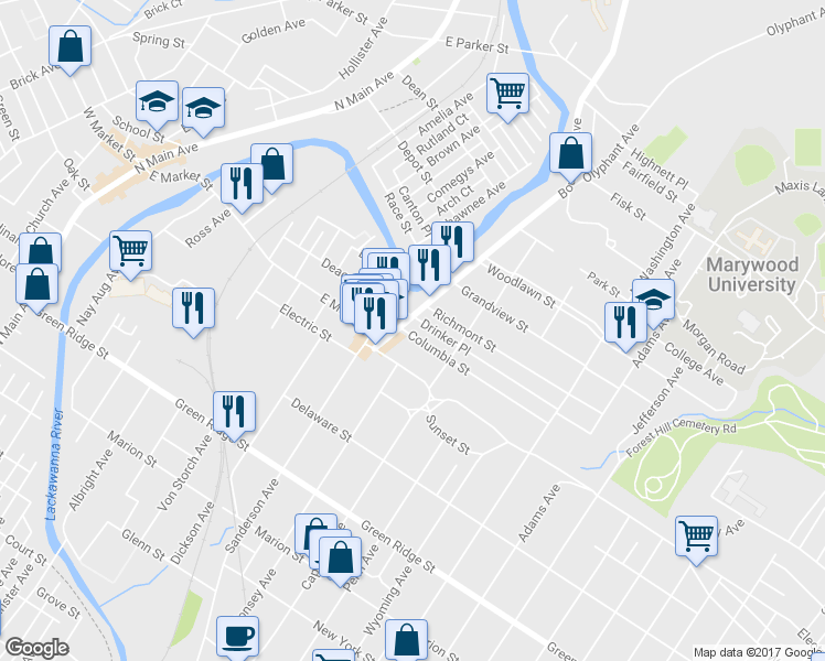 map of restaurants, bars, coffee shops, grocery stores, and more near 719 Columbia St in Scranton
