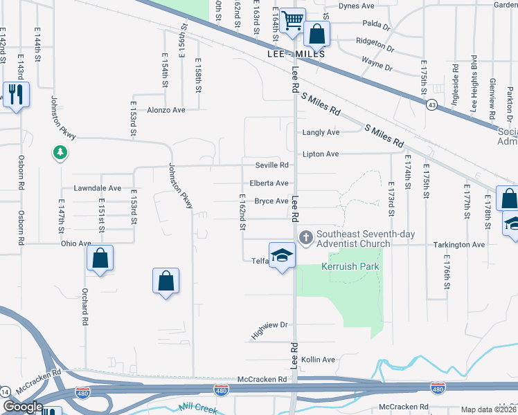 map of restaurants, bars, coffee shops, grocery stores, and more near 16224 Bryce Avenue in Cleveland
