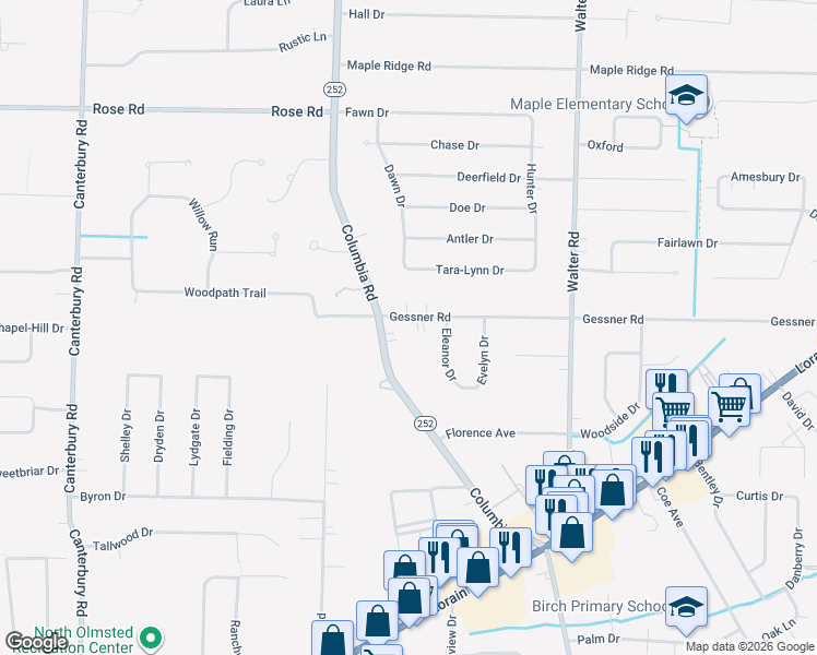 map of restaurants, bars, coffee shops, grocery stores, and more near 25179 Gessner Road in North Olmsted