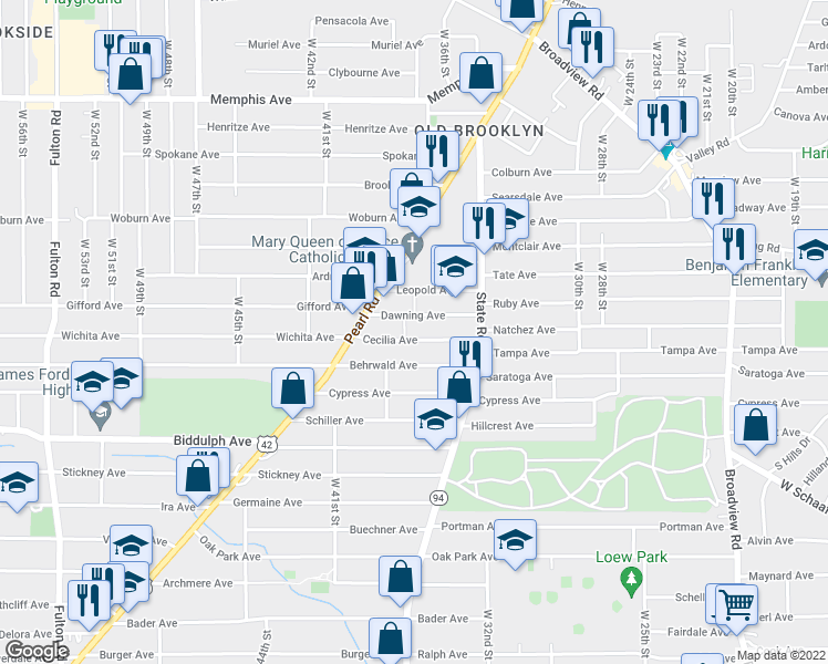 map of restaurants, bars, coffee shops, grocery stores, and more near 3718 Cecilia Avenue in Cleveland