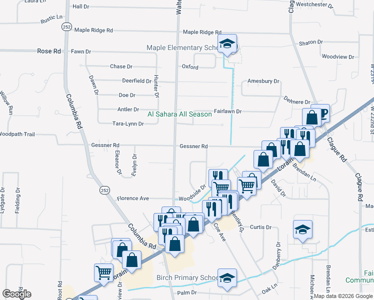 map of restaurants, bars, coffee shops, grocery stores, and more near 24413 Gessner Road in North Olmsted