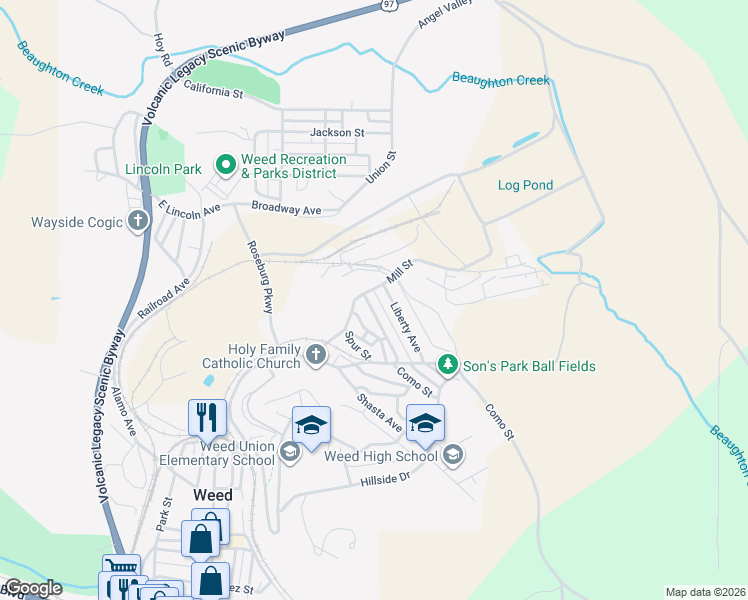map of restaurants, bars, coffee shops, grocery stores, and more near 628 Stringtown Avenue in Weed