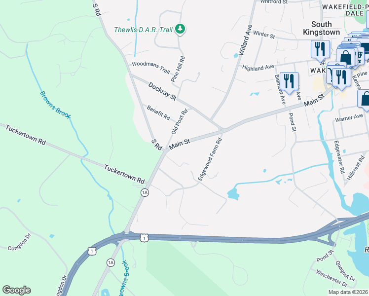 map of restaurants, bars, coffee shops, grocery stores, and more near 98 Post Road in South Kingstown