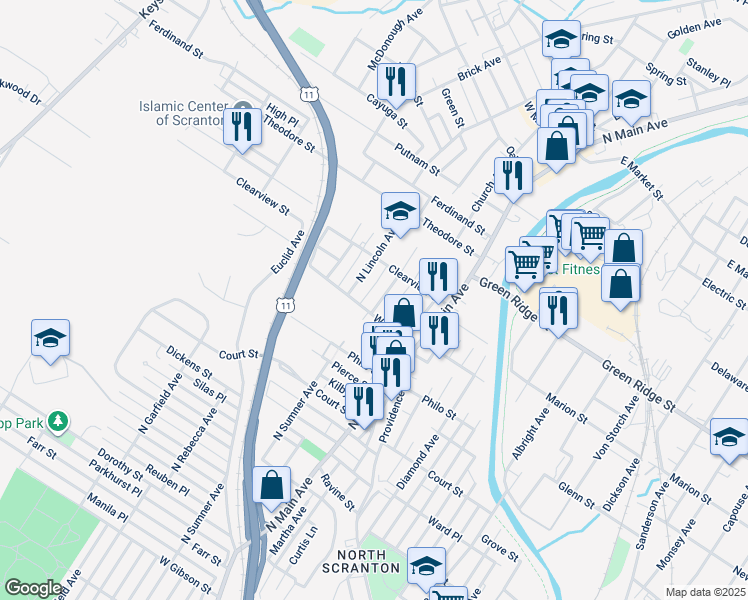 map of restaurants, bars, coffee shops, grocery stores, and more near 1306 Wood Street in Scranton
