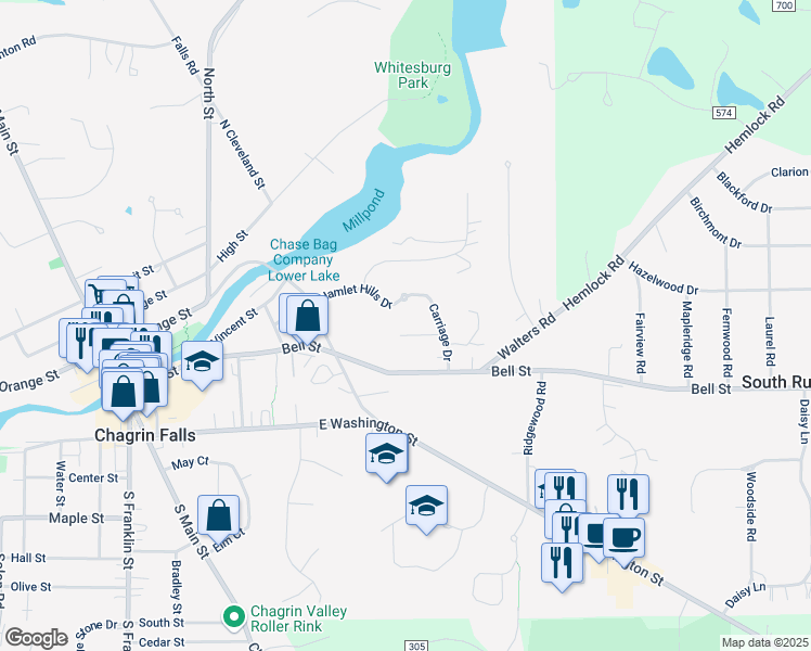map of restaurants, bars, coffee shops, grocery stores, and more near 101-181 West Carriage Drive in Chagrin Falls