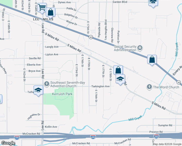 map of restaurants, bars, coffee shops, grocery stores, and more near 4651 East 175th Street in Cleveland