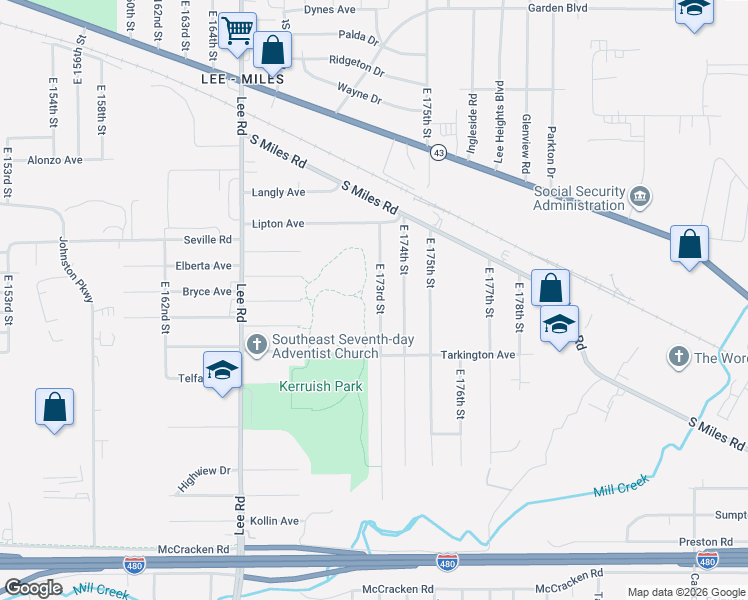 map of restaurants, bars, coffee shops, grocery stores, and more near 4652 East 173rd Street in Cleveland
