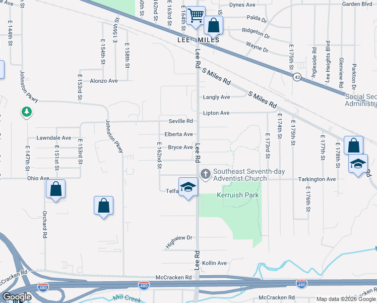 map of restaurants, bars, coffee shops, grocery stores, and more near 16410 Bryce Avenue in Cleveland