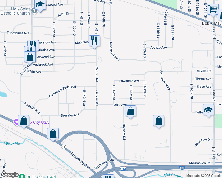 map of restaurants, bars, coffee shops, grocery stores, and more near 4651 East 147th Street in Cleveland