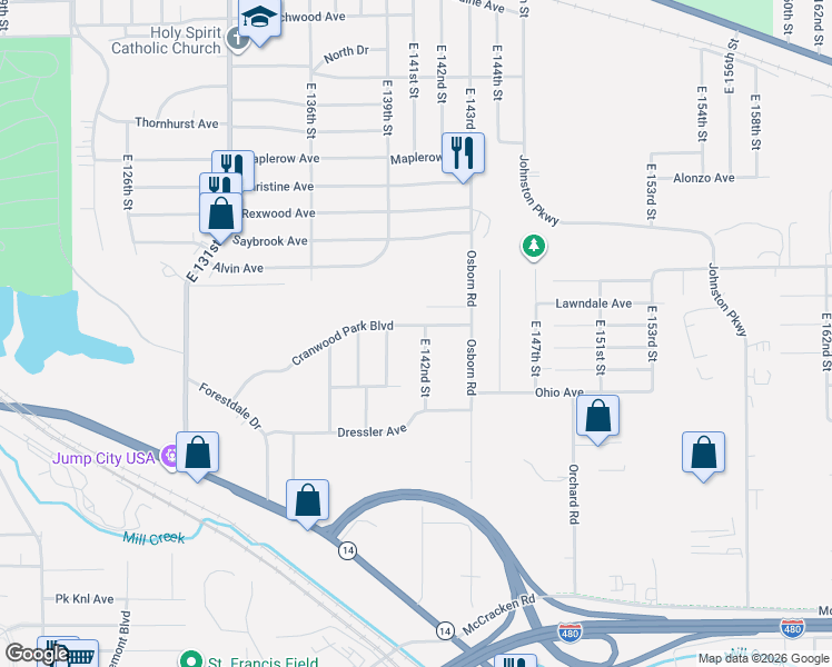 map of restaurants, bars, coffee shops, grocery stores, and more near 14112 Cranwood Park Boulevard in Garfield Heights