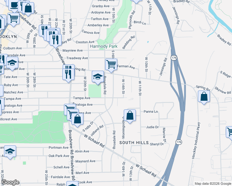 map of restaurants, bars, coffee shops, grocery stores, and more near 4514 South Hills Drive in Cleveland