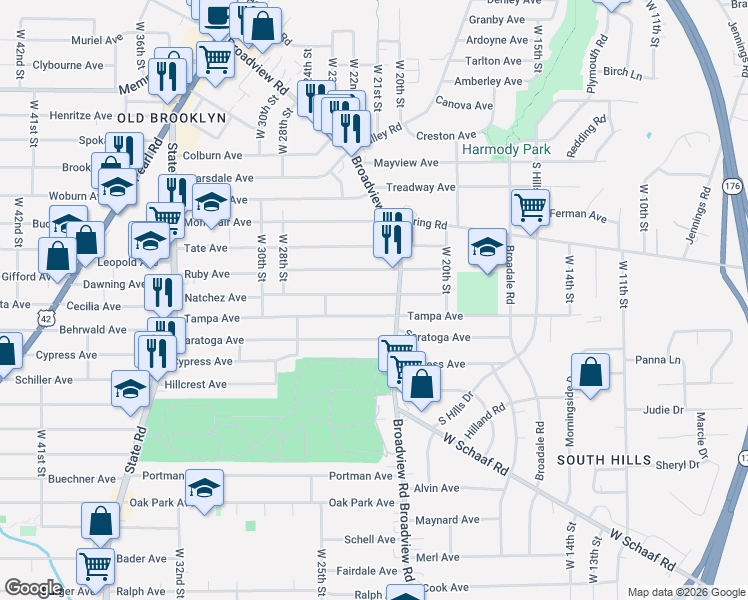 map of restaurants, bars, coffee shops, grocery stores, and more near 2305 Natchez Avenue in Cleveland