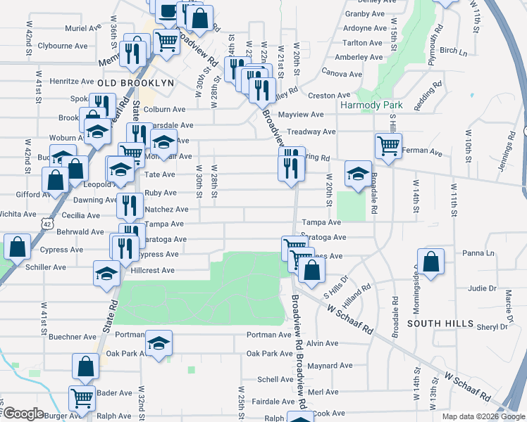map of restaurants, bars, coffee shops, grocery stores, and more near 2305 Natchez Avenue in Cleveland