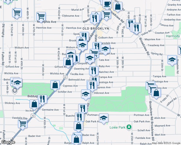 map of restaurants, bars, coffee shops, grocery stores, and more near 3602 Cecilia Avenue in Cleveland