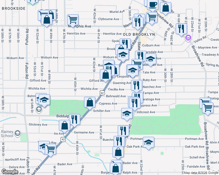 map of restaurants, bars, coffee shops, grocery stores, and more near 3908 Cecilia Avenue in Cleveland