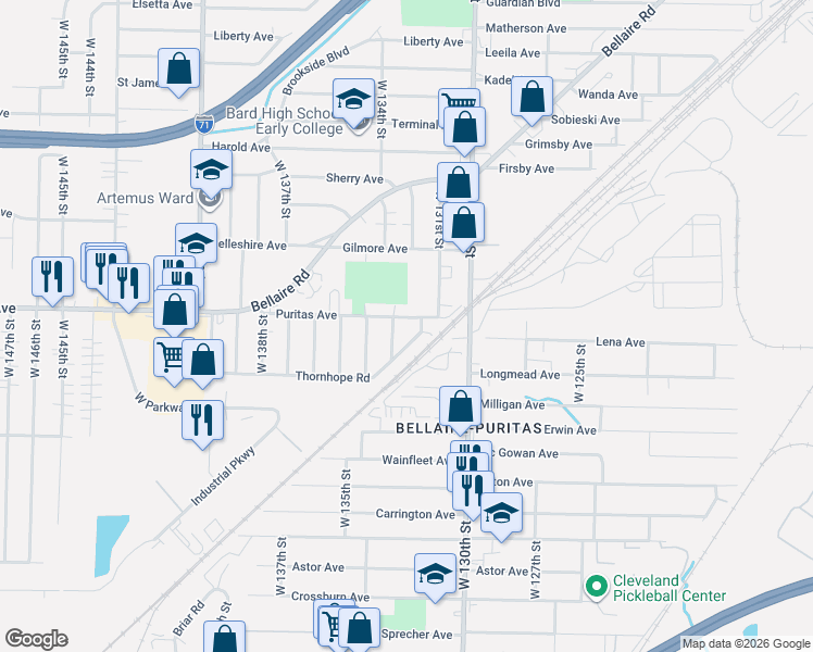 map of restaurants, bars, coffee shops, grocery stores, and more near 13239 Puritas Avenue in Cleveland