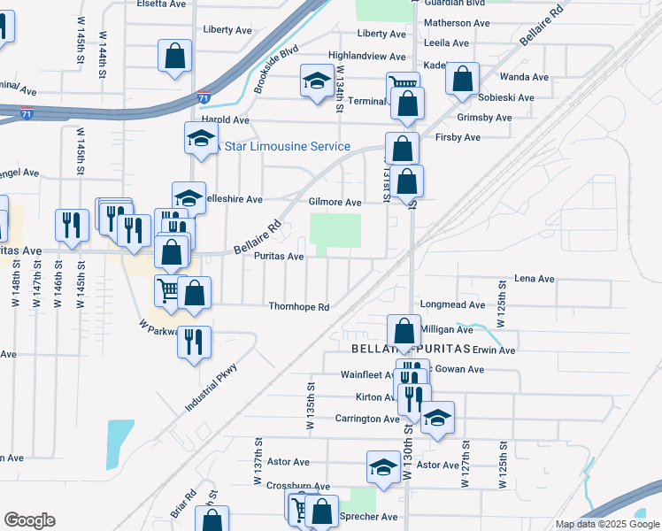 map of restaurants, bars, coffee shops, grocery stores, and more near 4460 West 134th Street in Cleveland