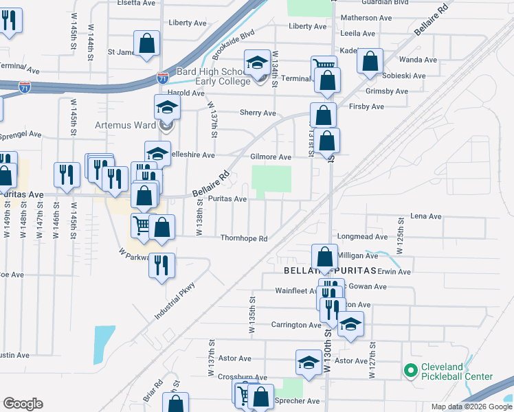 map of restaurants, bars, coffee shops, grocery stores, and more near 4460 West 134th Street in Cleveland
