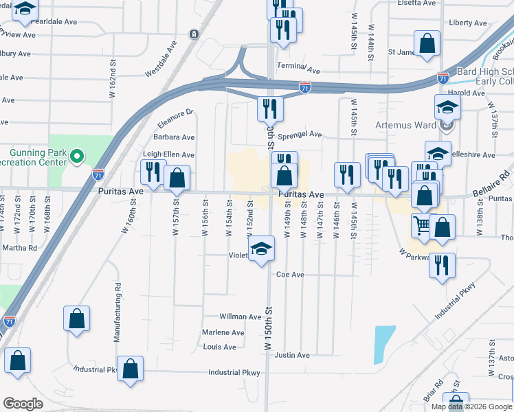 map of restaurants, bars, coffee shops, grocery stores, and more near 4469 West 152nd Street in Cleveland
