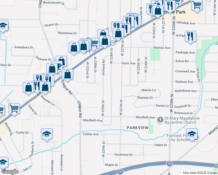 map of restaurants, bars, coffee shops, grocery stores, and more near 4741 West 228th Street in Fairview Park