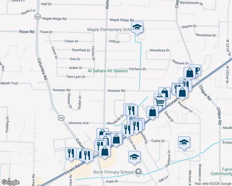 map of restaurants, bars, coffee shops, grocery stores, and more near 24413 Gessner Road in North Olmsted