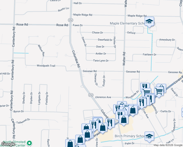 map of restaurants, bars, coffee shops, grocery stores, and more near 25179 Gessner Road in North Olmsted