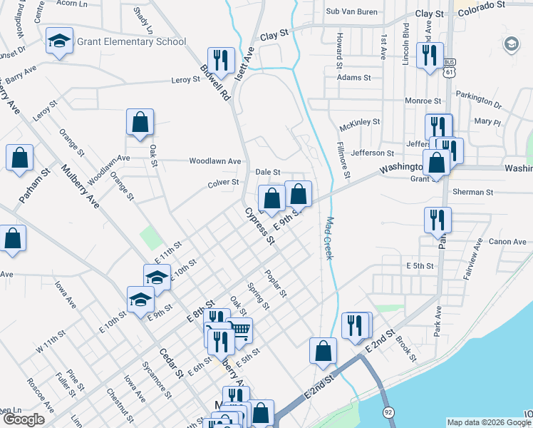 map of restaurants, bars, coffee shops, grocery stores, and more near 900-952 Lombard Street in Muscatine