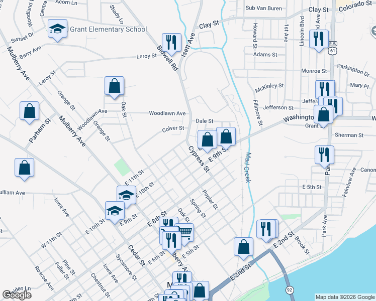map of restaurants, bars, coffee shops, grocery stores, and more near 916 Cypress Street in Muscatine